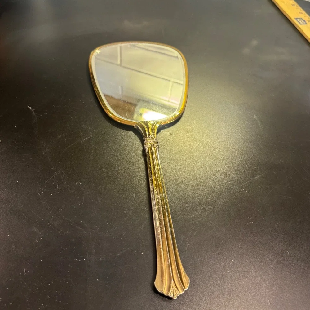 Vintage Hand Mirror Women Large Gold Floral Embossed Art‎ Deco Vanity Accessory